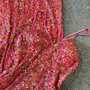 Vtg Amazing Bright Pink Sequin Hollywood Movie Star Gown Long Formal Silk Sparkl